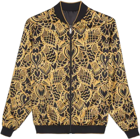 Black And Gold Zipped Bomber With Royal Pattern Cardigan Png Gold Pattern Png