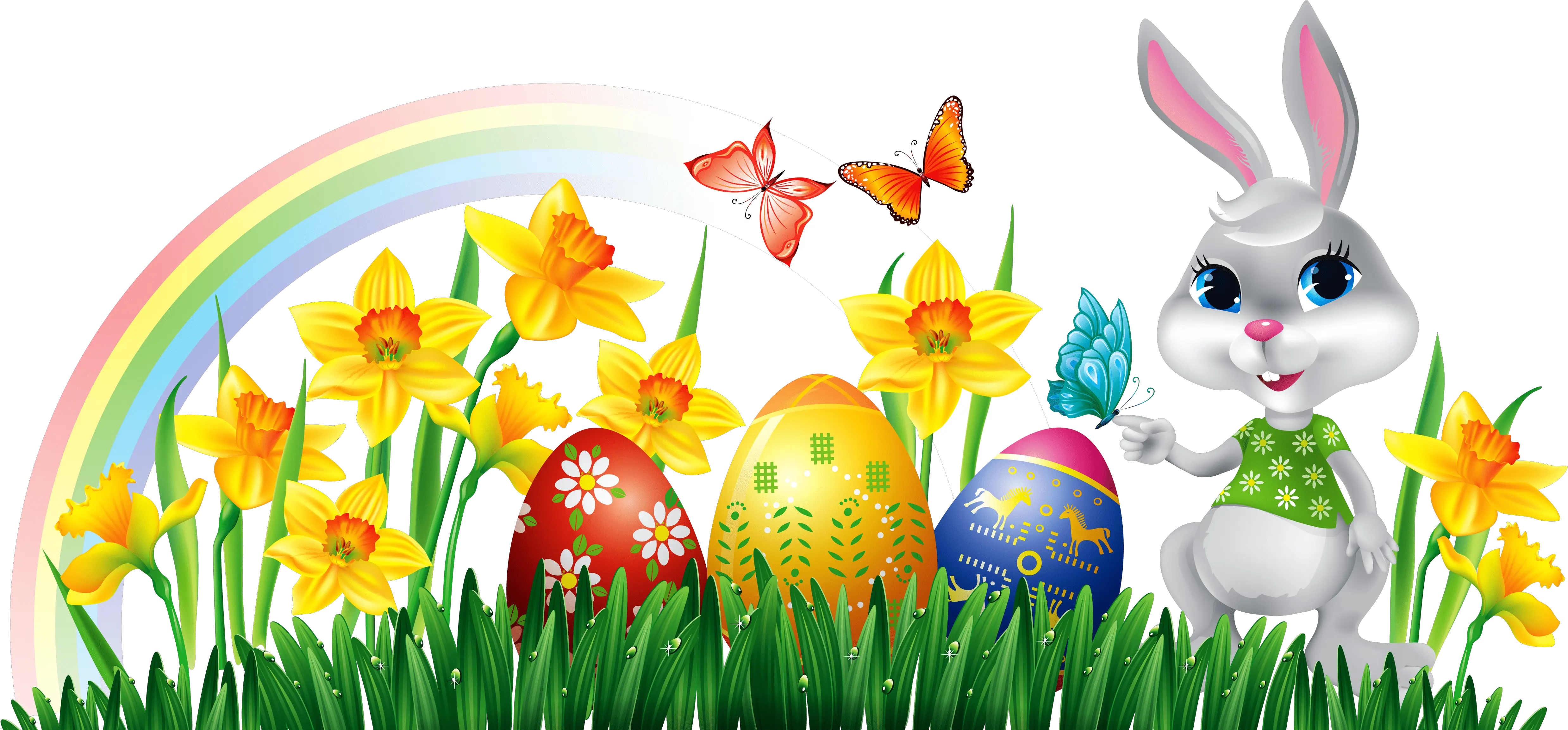 Easter Bunny With Daffodils Eggs And Grass Decor Png Clipart Easter Clipart Png Decor Png