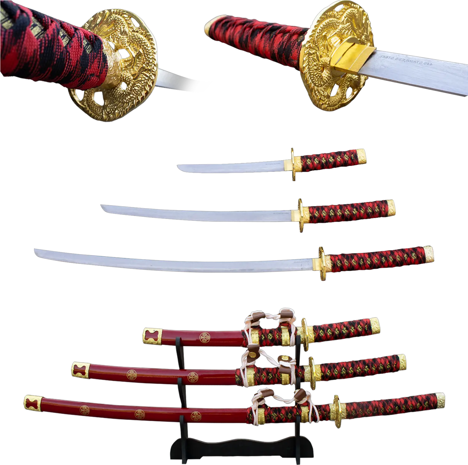 3 Pc Red Gold Rush Katana Sword Set Red Gold Katana Png Katana Transparent