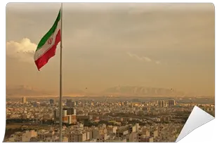 Iran Flag In The Wind Above Skyline Of Tehran Wall Mural U2022 Pixers We Live To Change Iran Hrlri Png Iran Flag Png