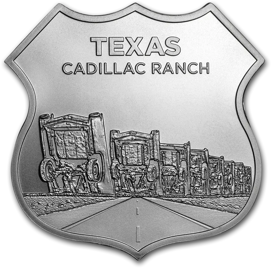 1 Oz Silver Icons Of Route 66 Shield Texas Cadillac Ranch Route 66 Silver Rounds Png Cadillac Icon