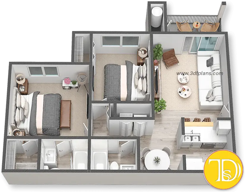 Download Multifamily 3d Floor Plan Layout 2 Bedroom 3d Floor Plan Png Floor Png