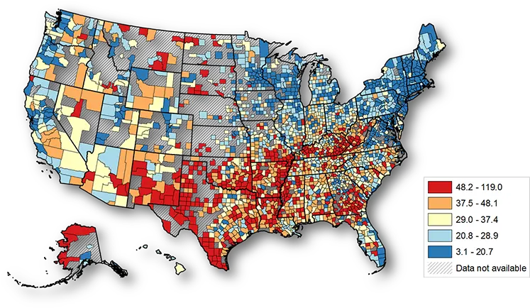 United States Map Of Counties Depicting Teen Birth Rates Per Teen Pregnancy Rate Map 2020 Png United States Map Png