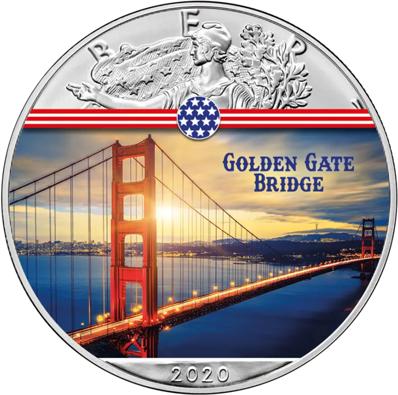 1 Oz Silver American Eagle Usa 2020 Colorized Golden Gate Bridge Landmarks Golden Gate National Recreation Area Png Golden Gate Bridge Png