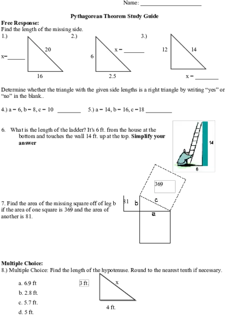 Doc Pythagorean Theorem Study Guide Mark Aguilos Pythagorean Theorem Multiple Choice Png Right Triangle Png