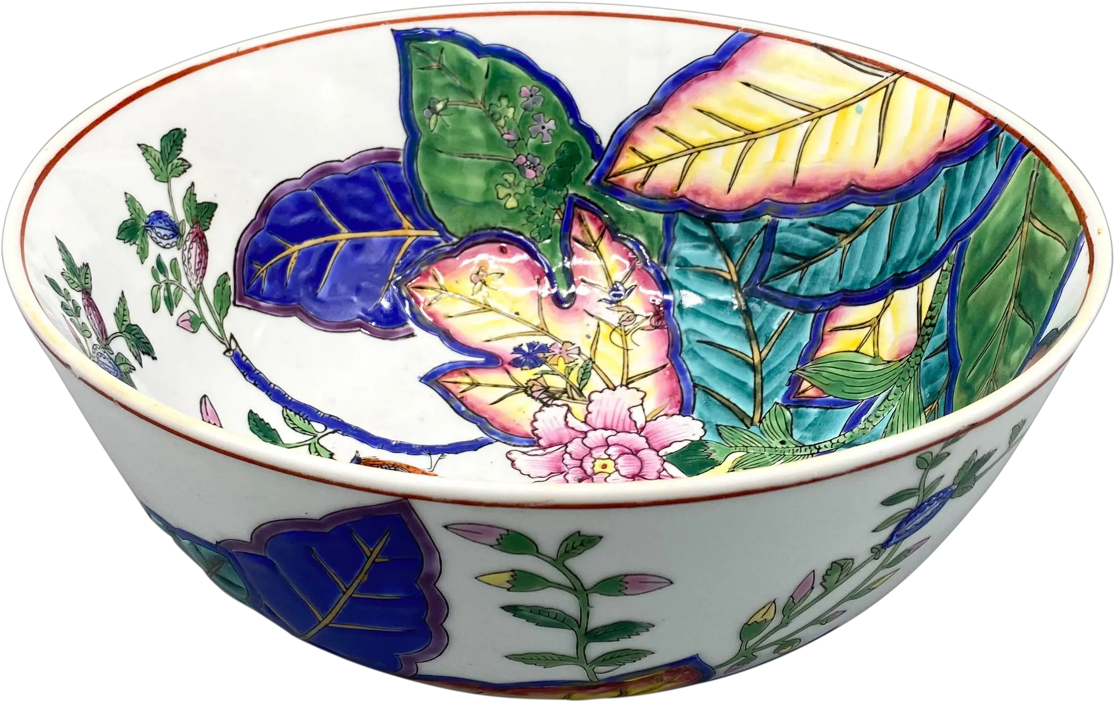 20th Century Chinoiserie Tobacco Leaf With Birds And Flowers Centerpiece Bowl Serveware Png Tobacco Leaf Png