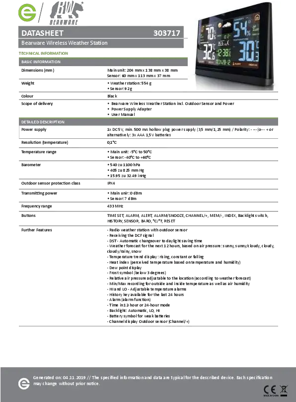 Bearware 303717 Wireless Weather Station Datasheet Manuals Png La Crosse Advanced Forecast Icon Wireless Weather Station