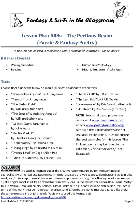 Pdf Lesson 08a Faerie Poetry Fantasy U0026 Scifi In The Fantasy Science Lesson Plan Png Sci Fi Icon Sets