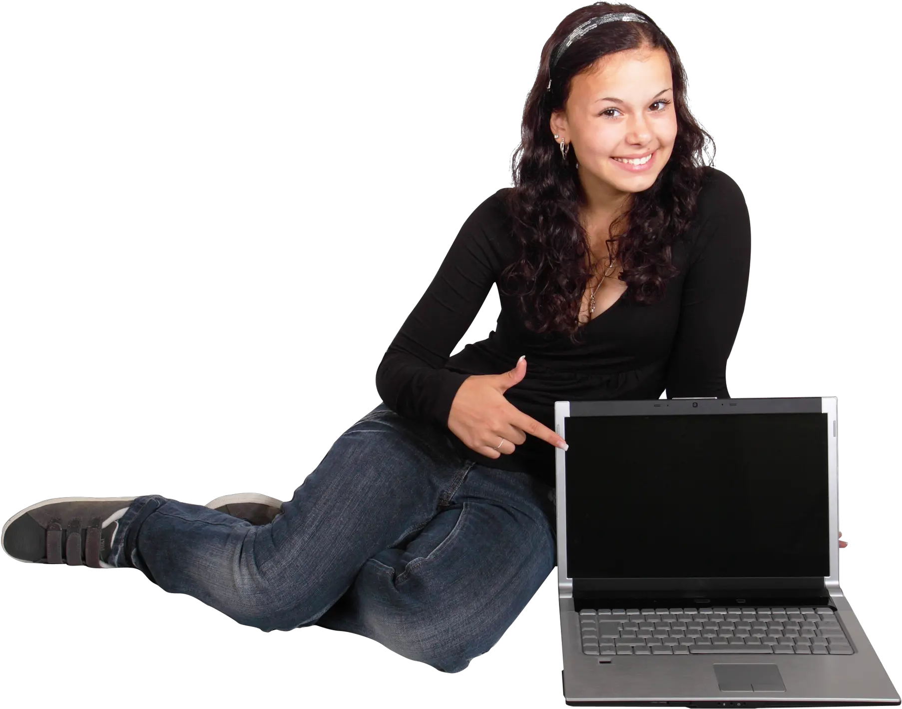 Happy Young Girl Sitting With Laptop Png Image Pngpix Girl Png Laptop Png Transparent