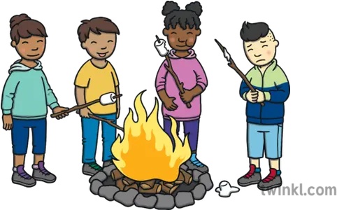 Children Round A Campfire No Background Camping Outdoors Cartoon Png Campfire Transparent Background